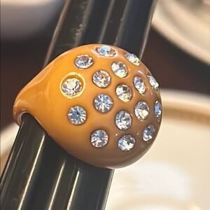 Vintage Mustard Yellow Lucite Rhinestone Dome Bubble Ring